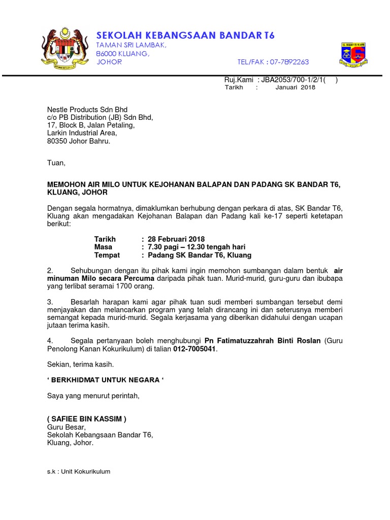 Contoh Surat Mohon Sumbangan Air Milo
