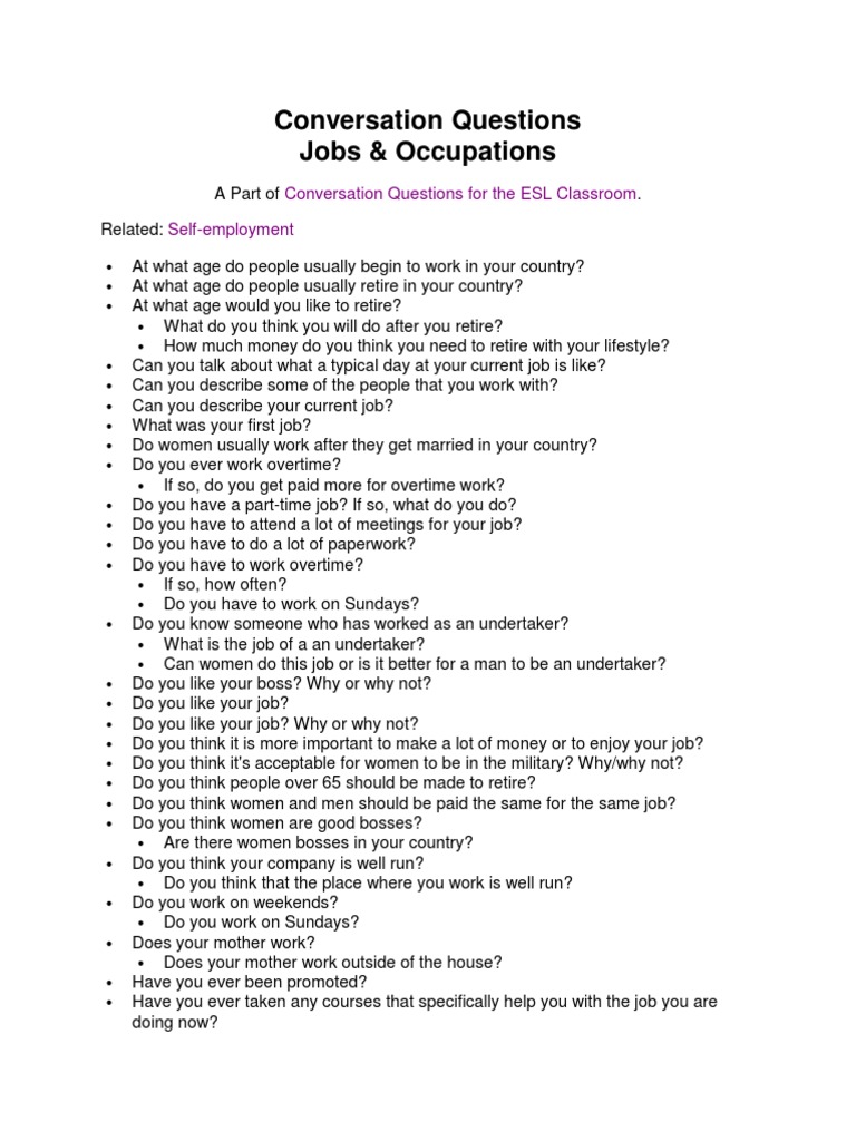 ESL Conversation Questions: Jobs | PDF | Job Interview | Employment