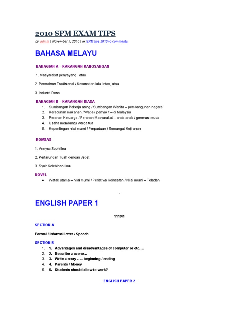 2010 SPM Exam Preparation Tips | PDF