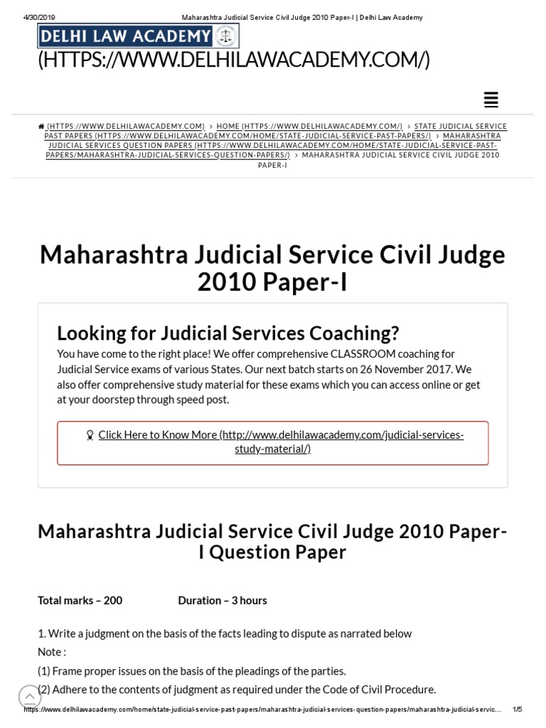 Maharashtra Judicial Service Civil Judge 2010 Paper-I - Delhi Law ...