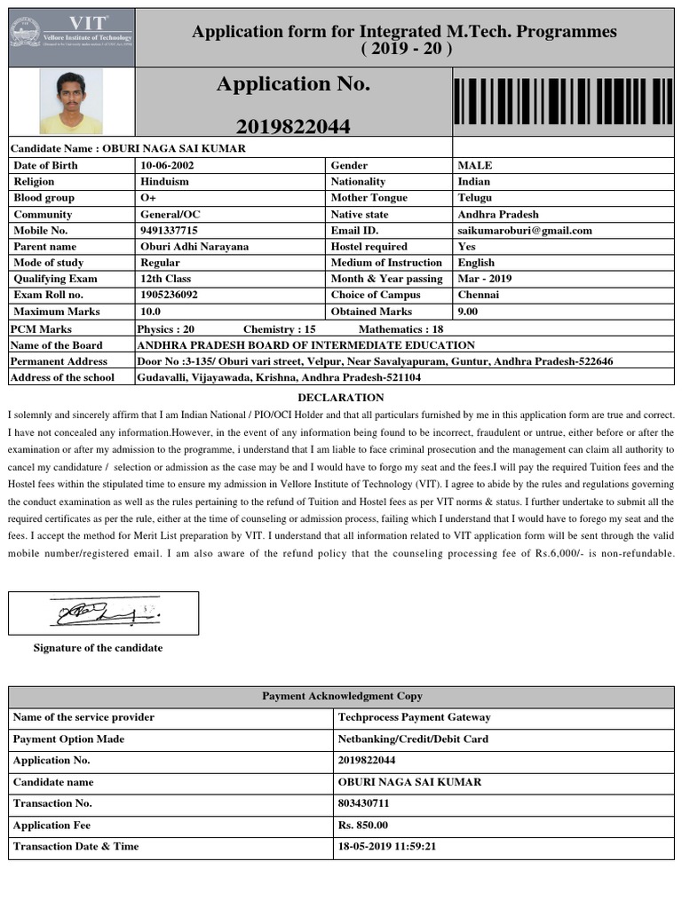 Application No. 2019822044 Application Form For Integrated M.Tech. Programmes (2019 20) PDF