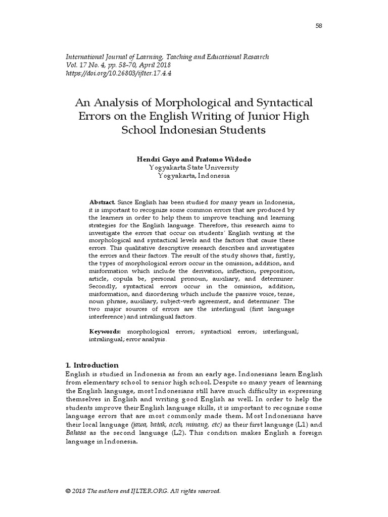 An Analysis of Morphological and Syntactical Errors On The English ...