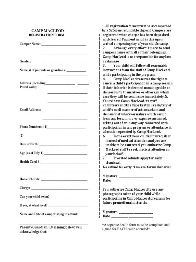 Camp MacLeod Registration Form PDF Social Institutions Social Science