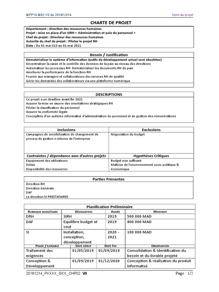 Charte De Projet Pdf Gestion Des Ressources Humaines Business
