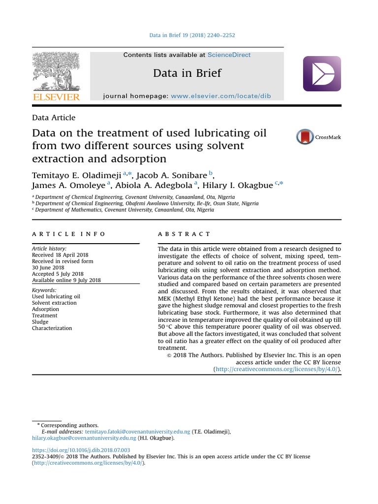Treatment of Used Lubricating Oil Data | PDF | Distillation | Solvent