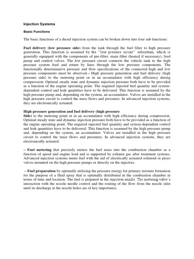 Injection Systems Basic Functions PDF Fuel Injection Engines