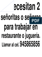 Se Necesitan 2 Señoritas o Señoras para Trabajar en Restaurante o Juguería