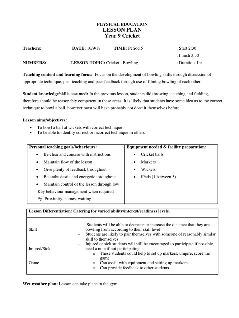 Year 9 Cricket Bowling Lesson Plan | PDF | Bowling (Cricket) | Cricket