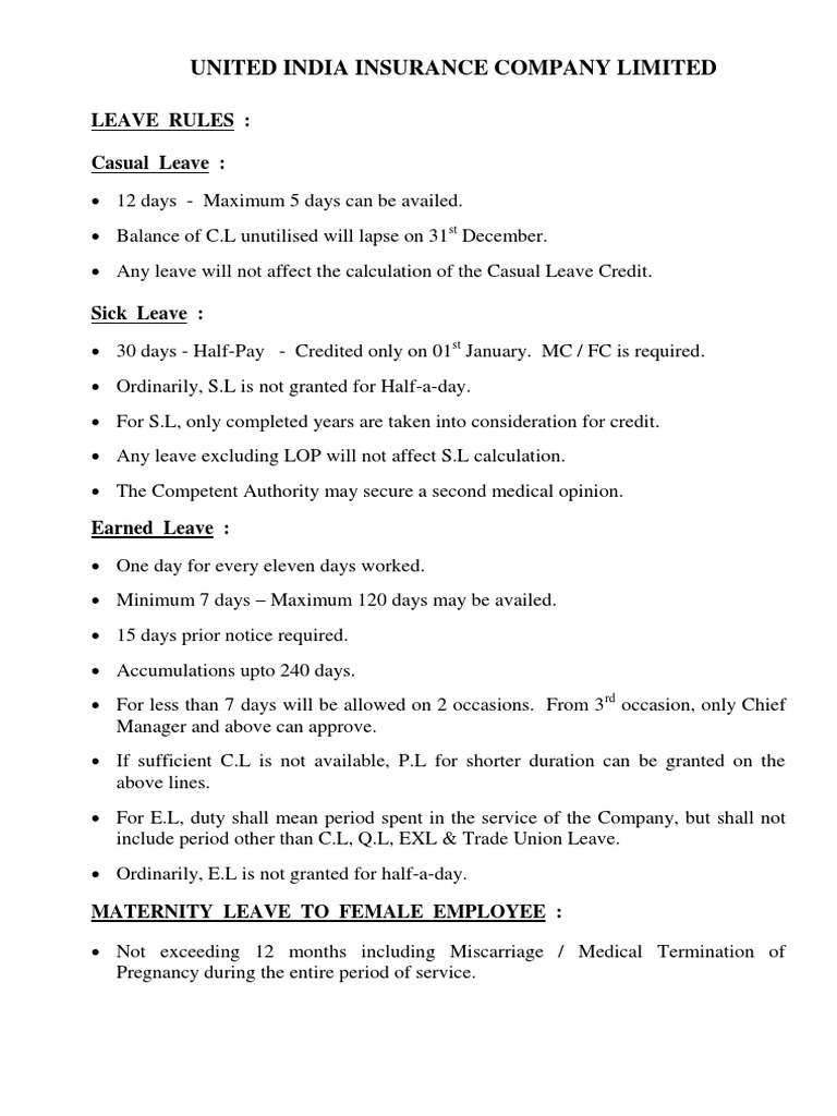 United India Insurance Company Limited Leave Rules Casual Leave PDF
