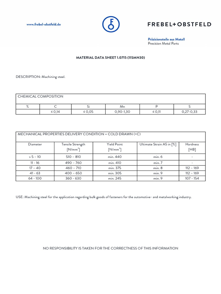 1.0715 (11SMN30) Material Data Sheet | PDF | Strength Of Materials ...