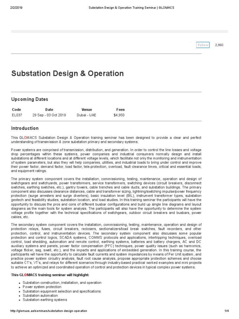Substation Design & Operation Training Seminar - GLOMACS PDF | PDF ...