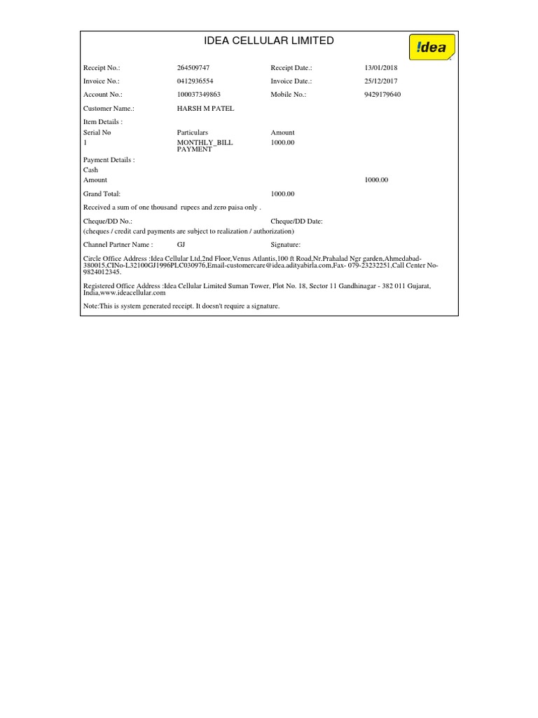 Idea Cellular Payment Receipt 2018 | PDF