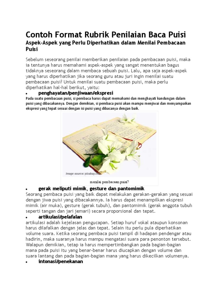 Contoh Format Rubrik Penilaian Baca Puisi