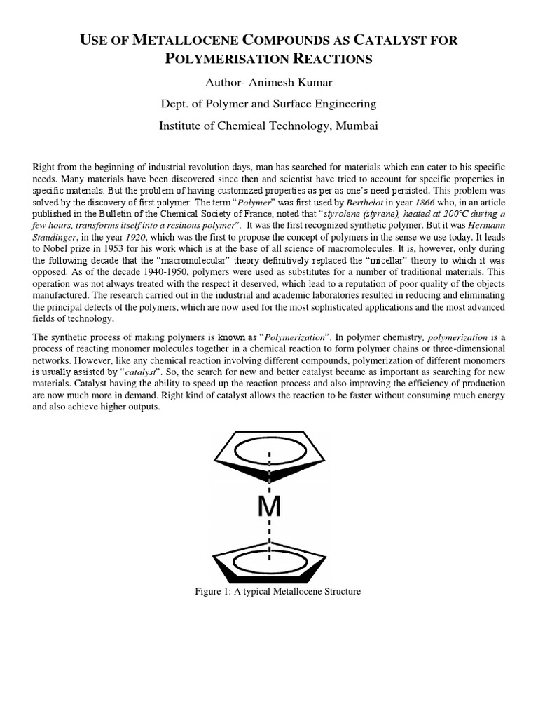 Metallocene Catalysts in Polymerization | PDF | Polymers | Polymerization