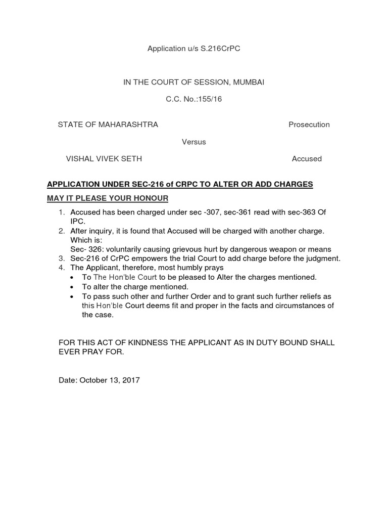 Application Under Sec216 of CRPC To Alter or Add Charges May It