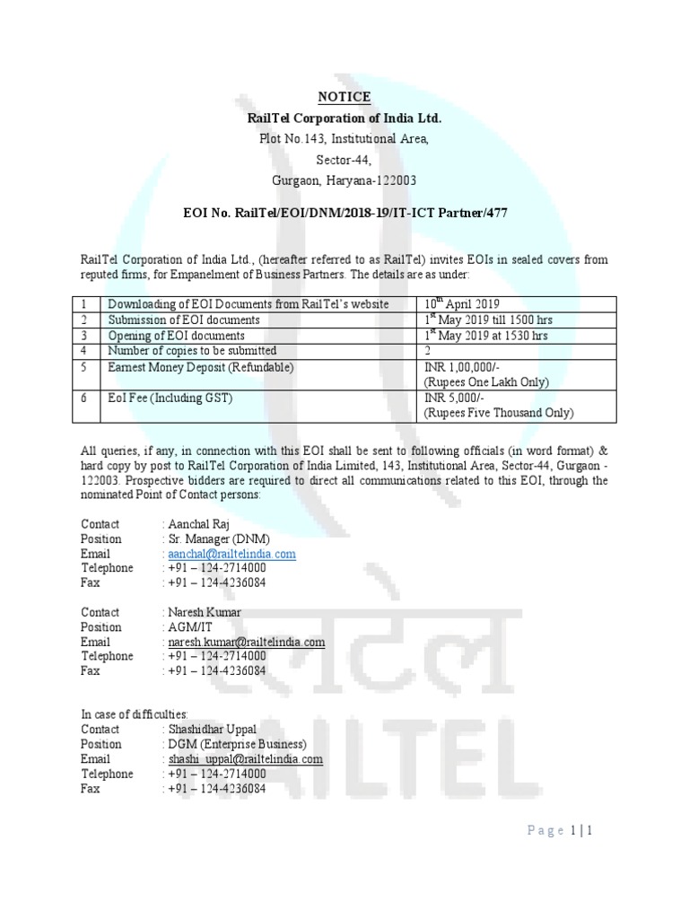 RailTel EOI for Business Partner Empanelment | PDF