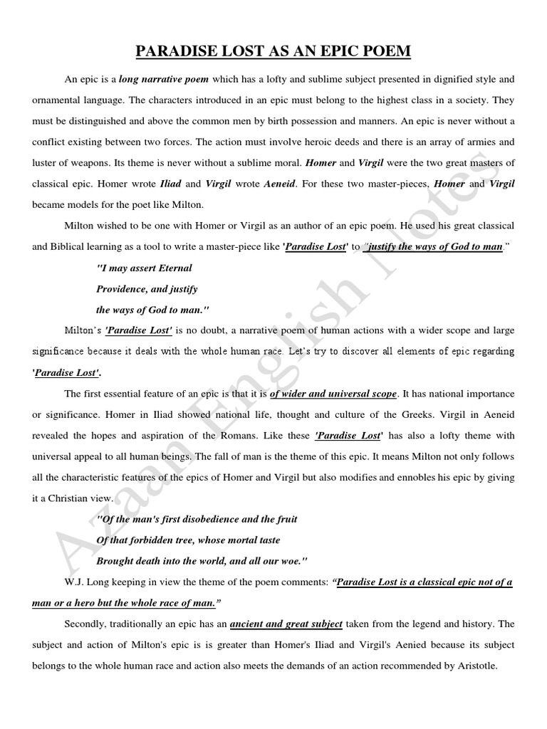 Paradise Lost As An Epic PDF Epic Poetry Paradise Lost
