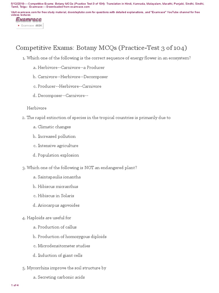 Botany MCQs Practice Test 3 PDF | PDF | Botany | Soil