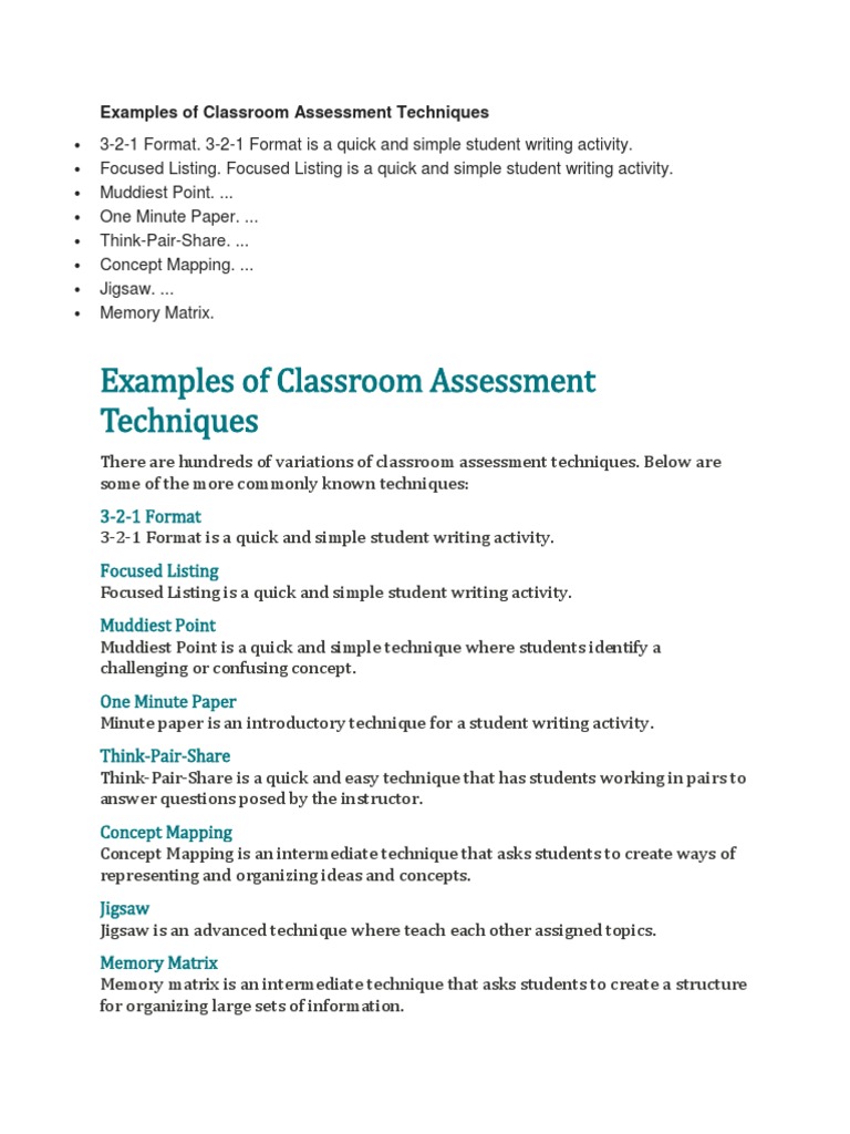 Examples of Classroom Assessment Techniques PDF