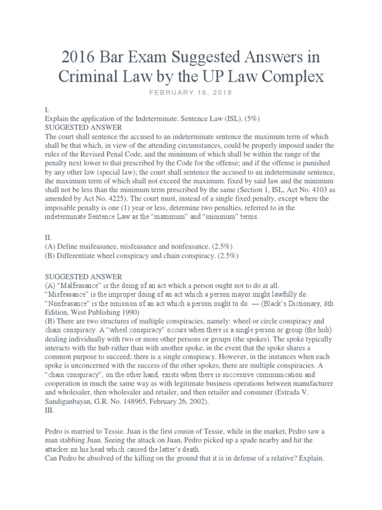 2016 Bar Exam Suggested Answers in Criminal Law by the UP Law Complex