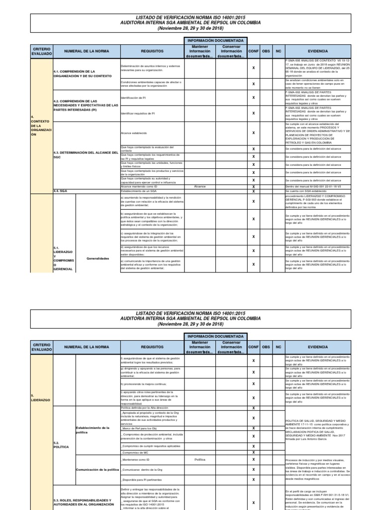 Listado de Verificación ISO 14001 2015 | Descargar gratis PDF ...