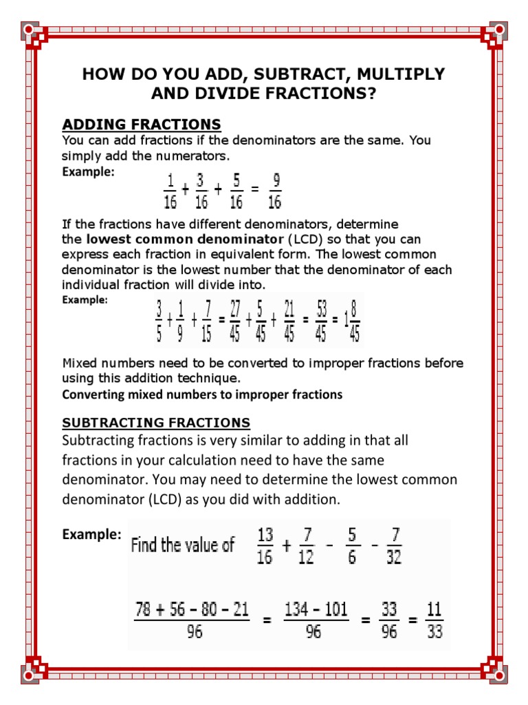 Adding Subtracting Multipying Dividing Fractions | PDF