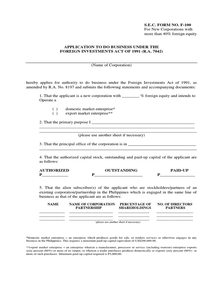 S.E.C. Form No. F-100 | PDF | Corporations | Exports