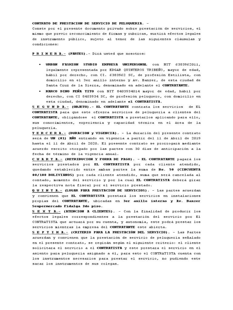 contrato de servicios de peluqueria Instituciones
