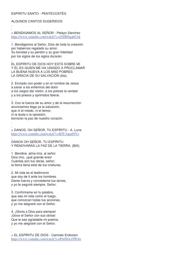 Lista Cantos Espiritu Santo Pentecostés espíritu Santo