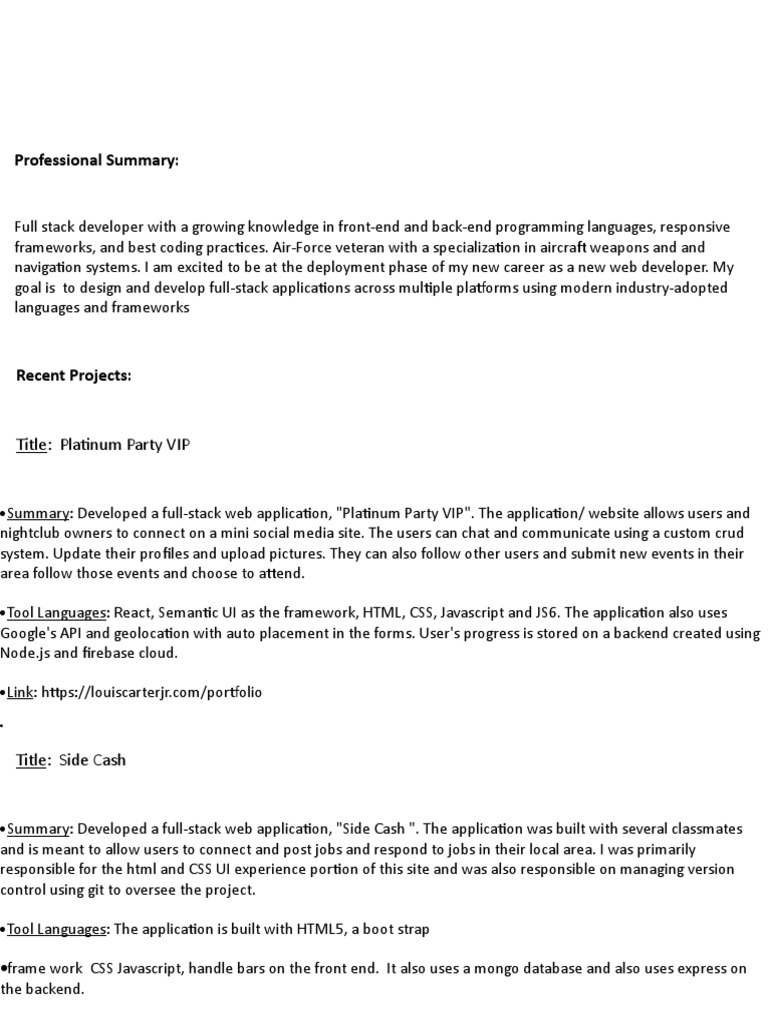 Full Stack Developer Portfolio - Louis Carter Jr. | PDF | Java Script ...