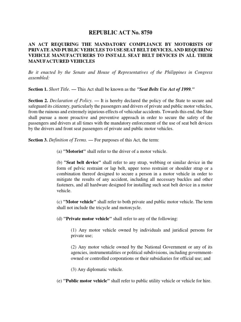 REPUBLIC ACT No. 8750 PDF PDF Seat Belt Government
