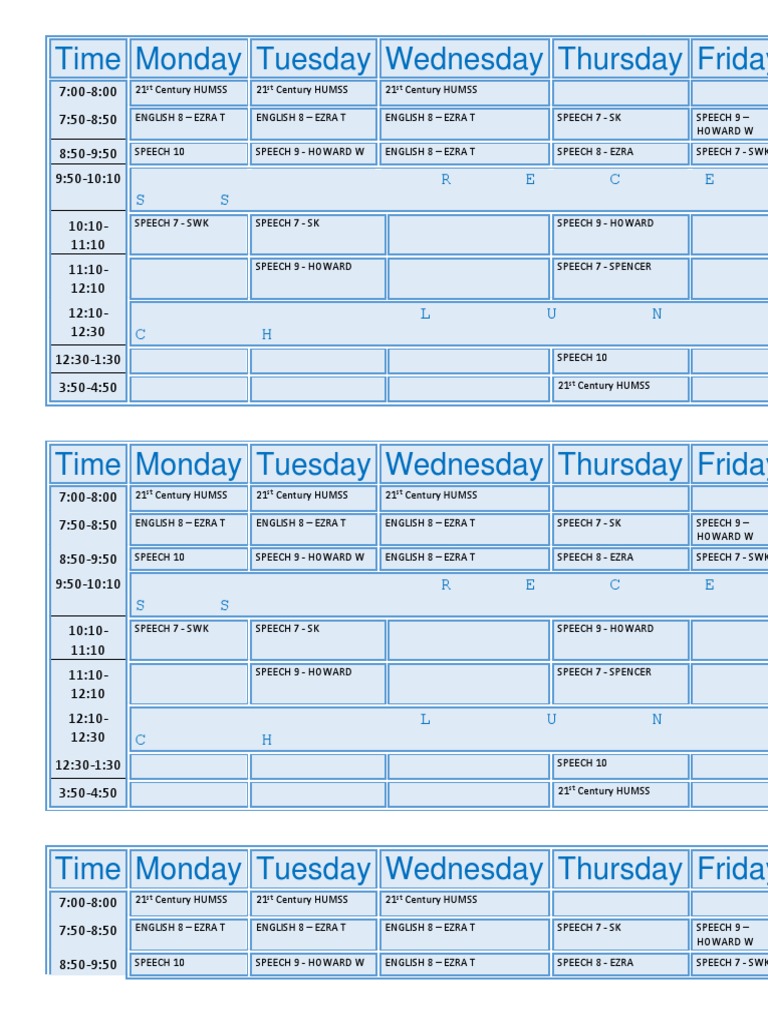 Time Monday Tuesday Wednesday Thursday Friday: R E C E S S | PDF