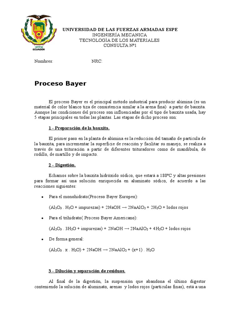 Proceso Bayer para la obtención de alúmina | PDF | Óxido de aluminio ...
