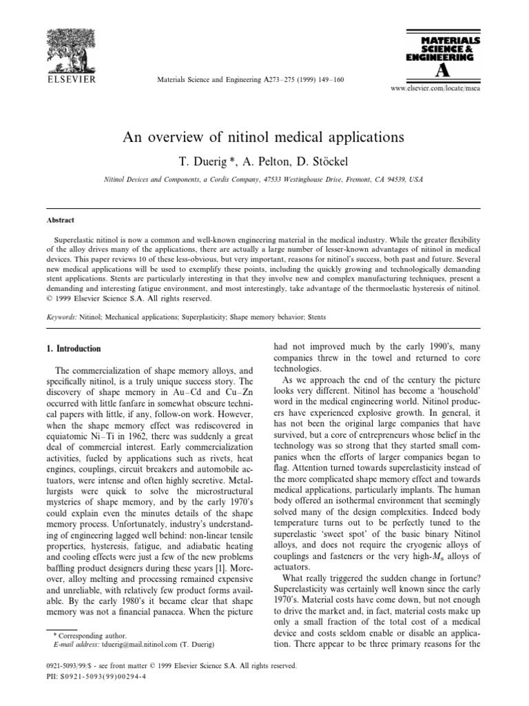 An Overview of Nitinol Medical Applications PDF Applied And Interdisciplinary Physics