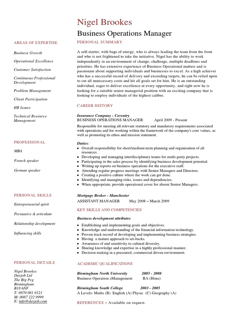 Nigel Brookes: Business Operations Manager | PDF | Operations ...