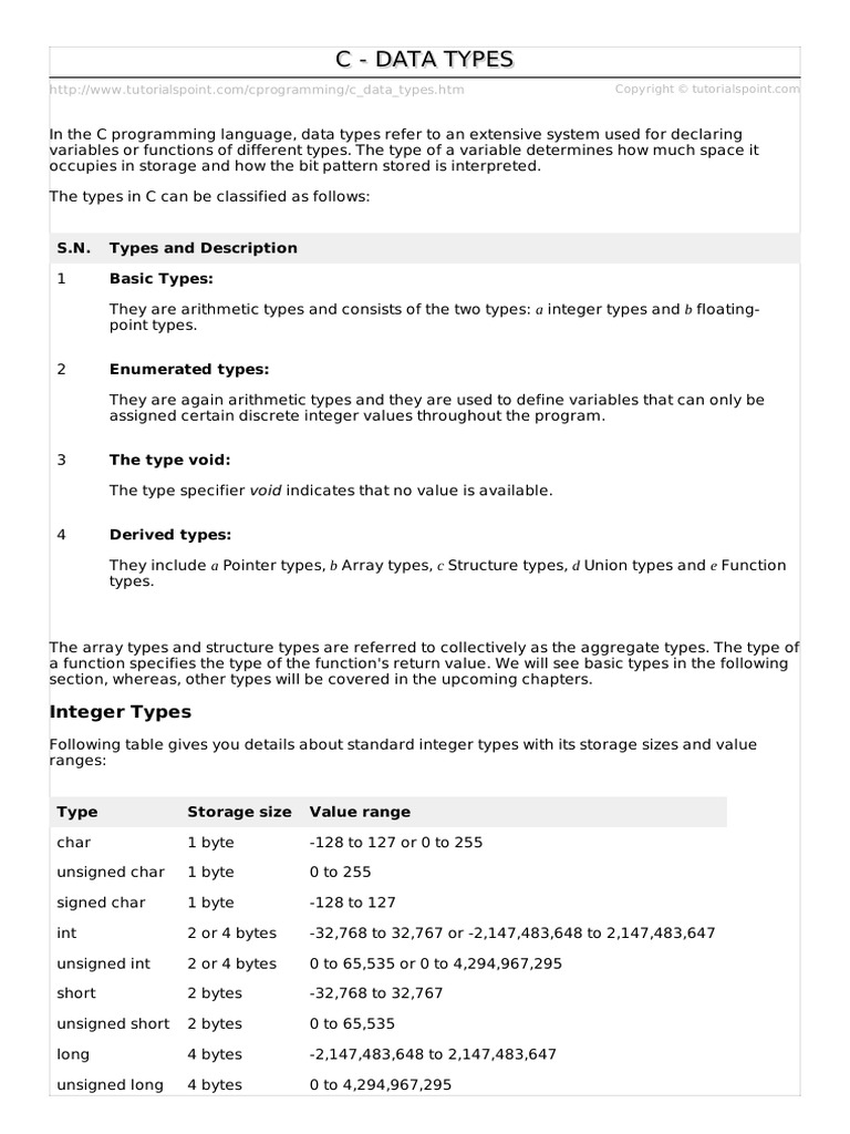 C Data Types | PDF | Data Type | Integer (Computer Science)