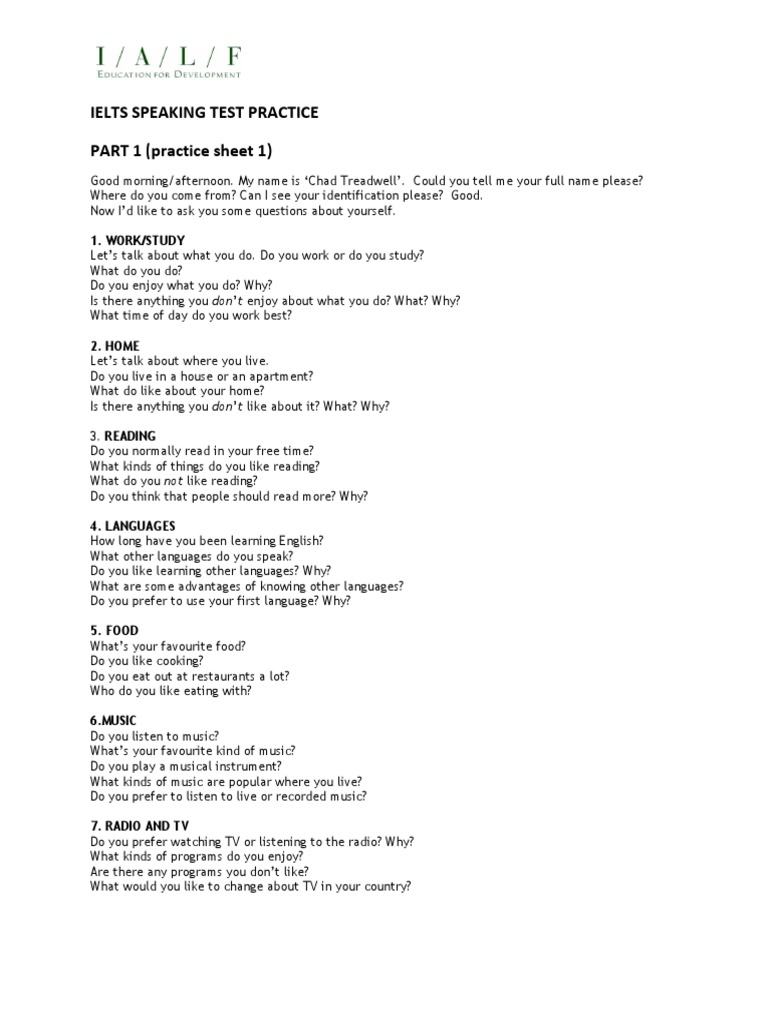 IELTS Speaking Test Practice Part 1 | PDF | International English ...