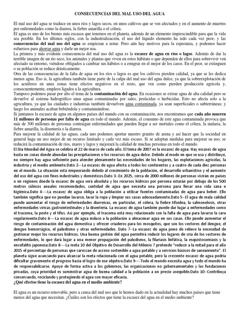 Consecuencias del Mal Uso del Agua | PDF | Escasez de agua | Agua