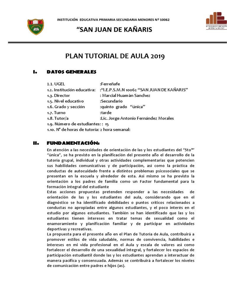 Plan Tutorial de Aula 2019 | PDF | Salón de clases | Desarrollo personal