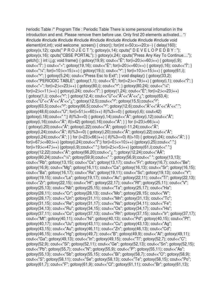 C++ Project Code For Periodic Table | PDF | Metals | Metallic Elements