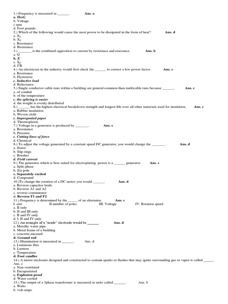 Electrical Fundamentals Quiz PDF Electric Motor Electric Current