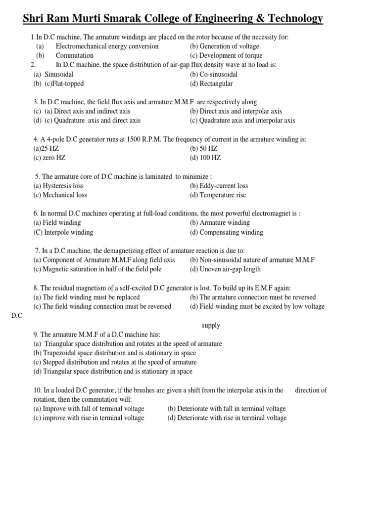 Understanding Direct Current Machines A Multiple Choice Quiz on D.C