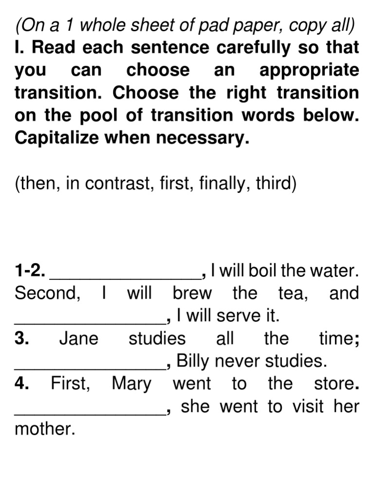 Transition Words Practice Exercise | PDF