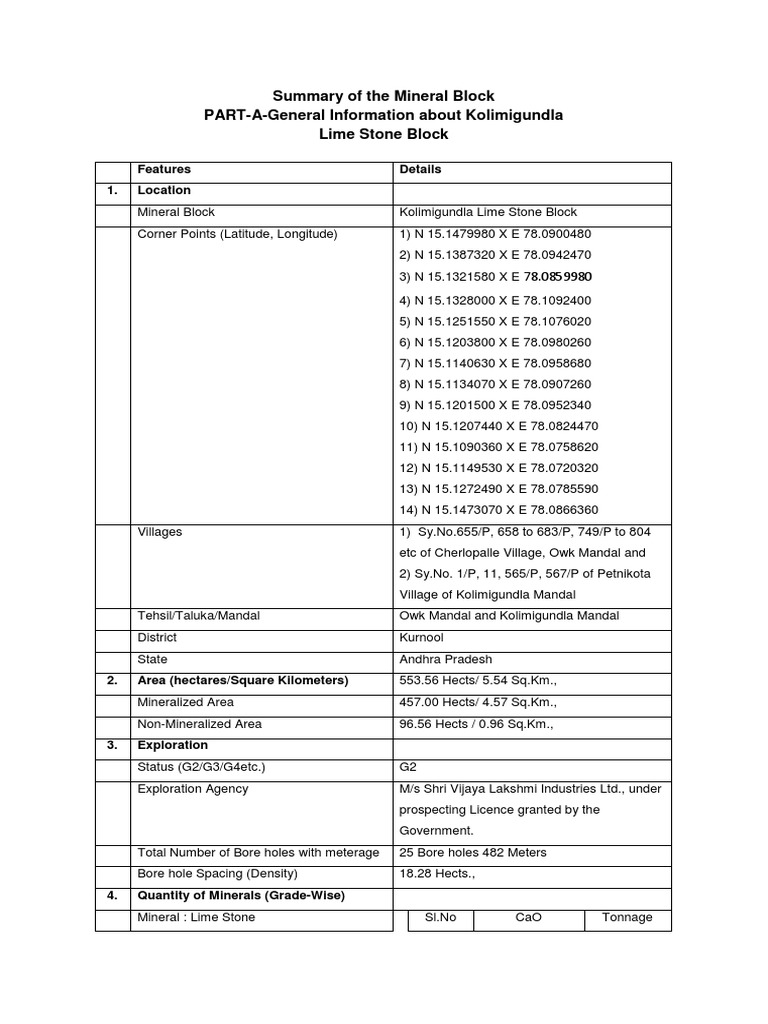Andhra Pradesh Mine Block Summary Kolimigundla Block 17 07 2017 PDF ...