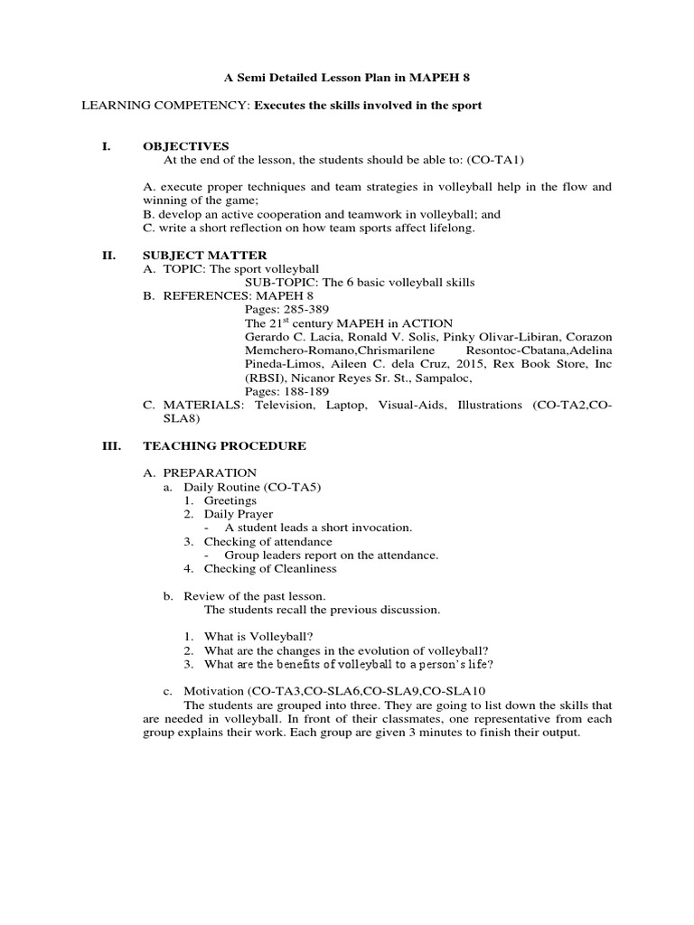 Executing Volleyball Skills Lesson Pdf Pedagogy Cognition