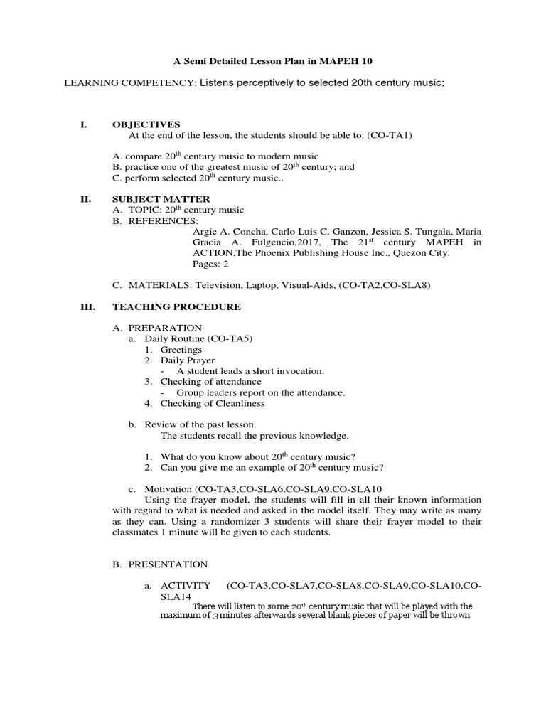MAPEH 10: 20th Century Music Lesson Plan | PDF | Lesson Plan | Prayer