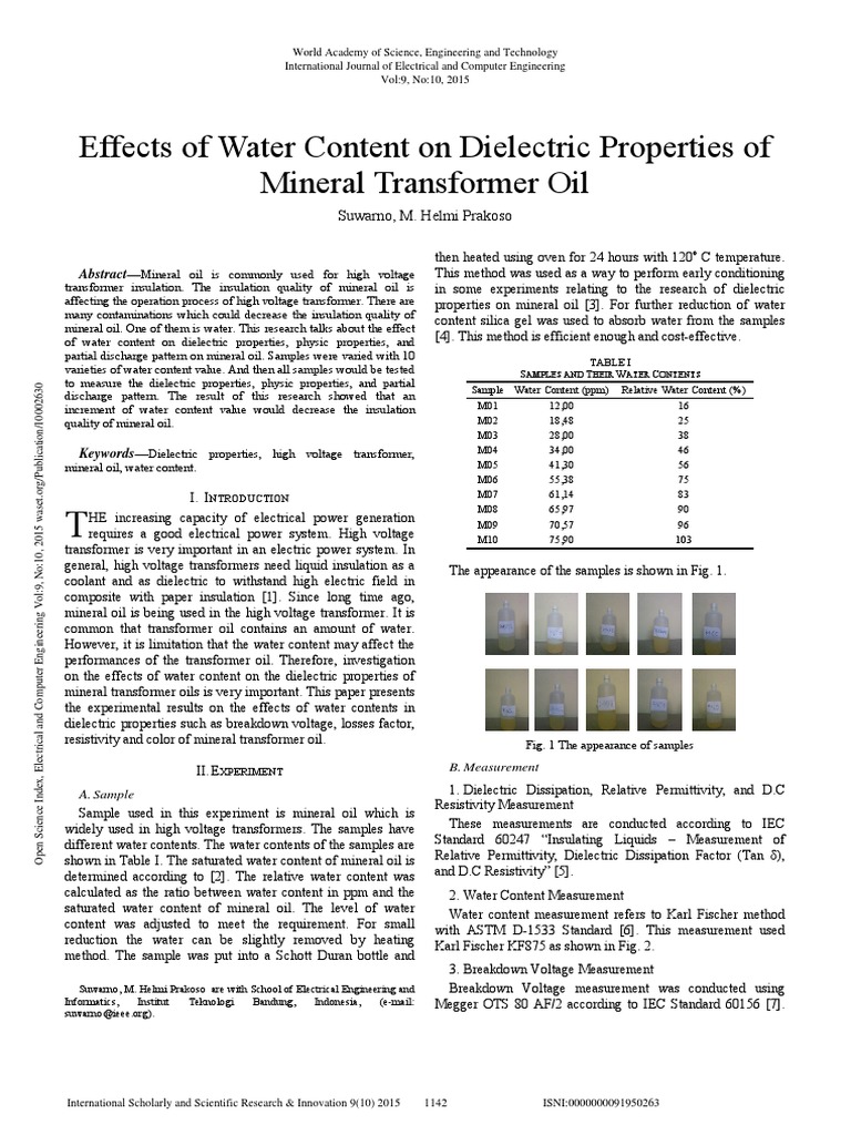 Impact of Water on Mineral Oil Dielectric | PDF | Transformer | Dielectric
