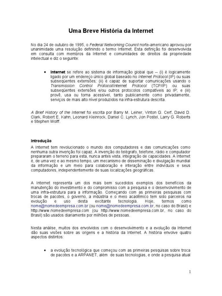 Breve História da Internet | PDF | Rede de computadores | Redes de ...