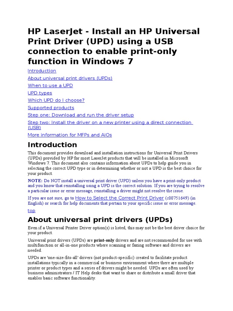HP LaserJet Install An HP Universal Print Driver (UPD) Using A USB