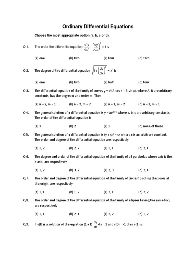 ODE MCQs with Solutions | PDF | Equations | Differential Equations